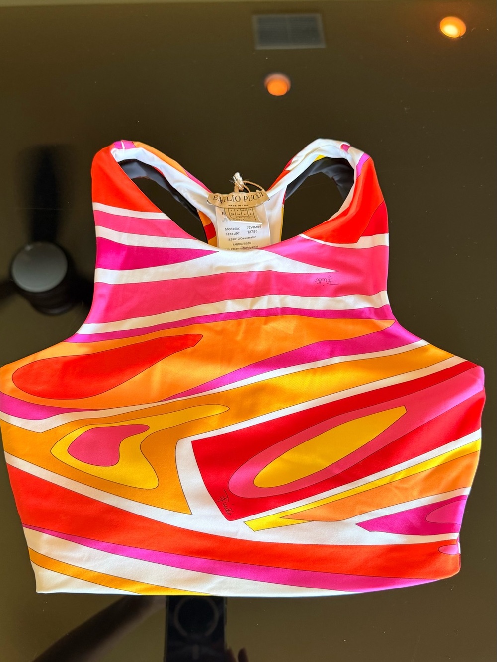 EMILIO PUCCI - Pink Orange Yellow Swirl Racerback Crop Top - Picture 2 of 10